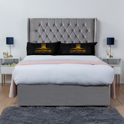 UKBEDFURNITURE Mary Grey Plush Wingback Divan Bed Base With 54 Inch HeadboardNo Storage from B&Q