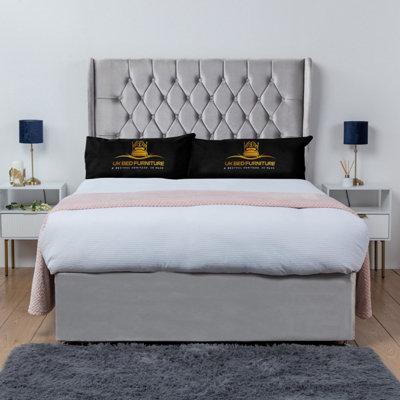 UKBEDFURNITURE Mary Silver Plush Wingback Divan Bed Base With 54 Inch HeadboardNo Storage from B&Q