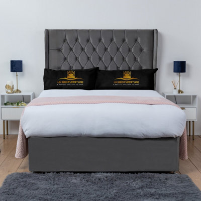 UKBEDFURNITURE Mary Steel Plush Wingback Divan Bed Base With 54 Inch HeadboardNo Storage from B&Q