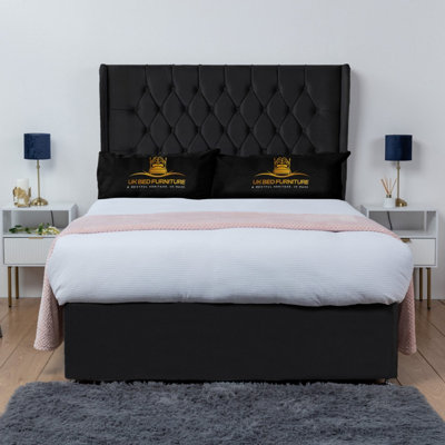 UKBEDFURNITURE Mary Black Plush Wingback Divan Bed Base With 54 Inch Headboard & 10 Inch Orthopaedic MattressNo Storage from B&Q