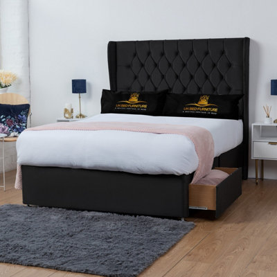 UKBEDFURNITURE Mary Black Plush Wingback Divan Bed With 2 Foot End Drawers & 54 Inch Headboard from B&Q