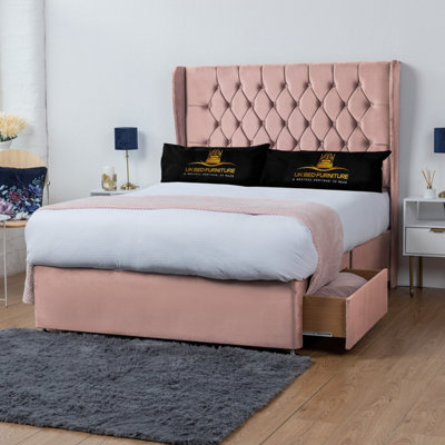 UKBEDFURNITURE Mary Pink Plush Wingback Divan Bed With 2 Foot End Drawers & 54 Inch Headboard from B&Q