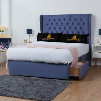 UKBEDFURNITURE Mary Blue Plush Wingback Divan Bed With 2 Foot End Drawers & 54 Inch Headboard from B&Q