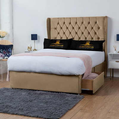 UKBEDFURNITURE Mary Beige Plush Wingback Divan Bed With 2 Foot End Drawers & 54 Inch Headboard from B&Q