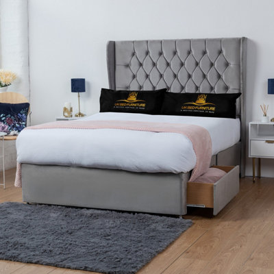 UKBEDFURNITURE Mary Grey Plush Wingback Divan Bed 2 Foot End Drawers With 10 Inch Orthopaedic Mattress & 54 Inch Headboard from B&Q