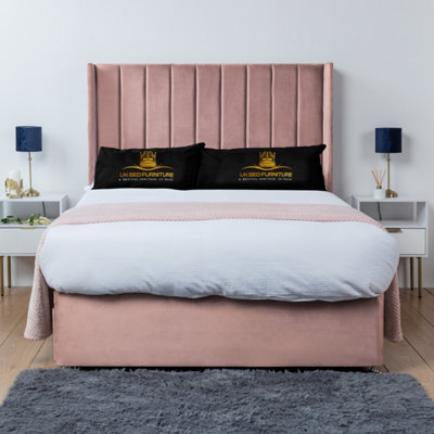 UKBEDFURNITURE Bella Pink Plush Wingback Divan Bed Base With 54 Inch Headboard & 10 Inch Orthopaedic MattressNo Storage from B&Q