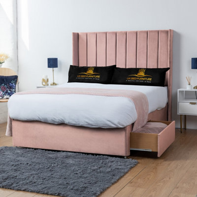 UKBEDFURNITURE Bella Pink Plush Wingback Divan Bed 2 Foot End Drawers With 10 Inch Orthopaedic Mattress & 54 Inch Headboard from B&Q