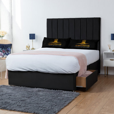 UKBEDFURNITURE Ashford Black Plush Divan Bed 2 Foot End Drawers With 10 Inch Orthopaedic Mattress & 26 Inch Headboard from B&Q
