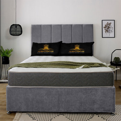 UKBEDFURNITURE Savannah Grey Plush  Divan Bed Base With 26 Inch Headboard & 10 Inch Orthopaedic MattressNo Storage from B&Q