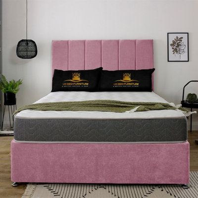 UKBEDFURNITURE Savannah Pink Plush  Divan Bed Base With 26 Inch Headboard & 10 Inch Orthopaedic MattressNo Storage from B&Q