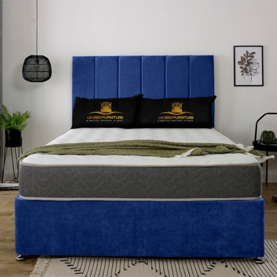 UKBEDFURNITURE Savannah Blue Plush  Divan Bed Base With 26 Inch Headboard & 10 Inch Orthopaedic MattressNo Storage from B&Q