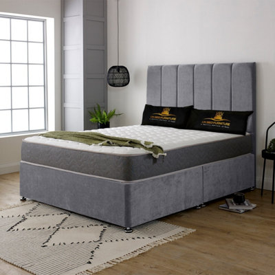 UKBEDFURNITURE Savannah Grey Plush Divan Bed 2 Foot End Drawers With 10 Inch Orthopaedic Mattress & 26 Inch Headboard from B&Q