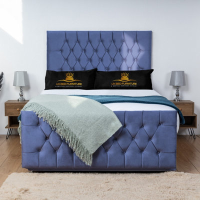 UKBEDFURNITURE Jublie Blue Plush  Divan Bed Base With 26 Inch HeadboardNo Storage from B&Q