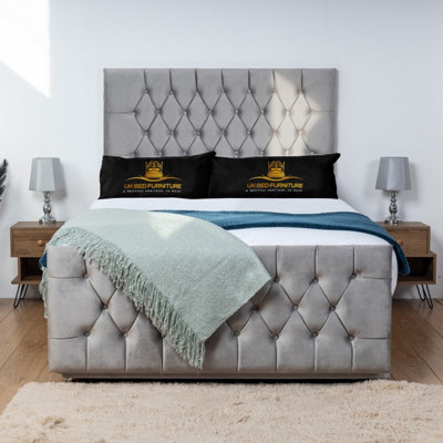 UKBEDFURNITURE Jublie Grey Plush  Divan Bed Base With 26 Inch Headboard & 10 Inch Orthopaedic MattressNo Storage from B&Q