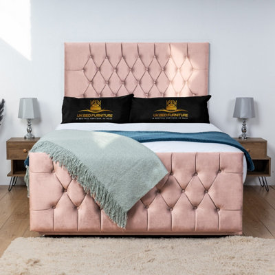 UKBEDFURNITURE Jublie Pink Plush  Divan Bed Base With 26 Inch Headboard & 10 Inch Orthopaedic MattressNo Storage from B&Q