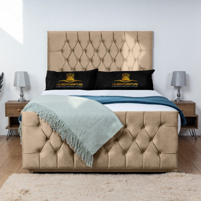 UKBEDFURNITURE Jublie Beige Plush  Divan Bed Base With 26 Inch Headboard & 10 Inch Orthopaedic MattressNo Storage from B&Q