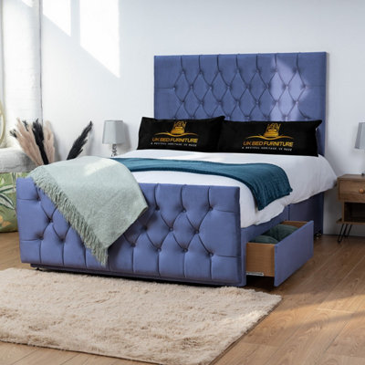 UKBEDFURNITURE Jublie Blue Plush Divan Bed 2 Foot End Drawers With 10 Inch Orthopaedic Mattress & 26 Inch Headboard from B&Q