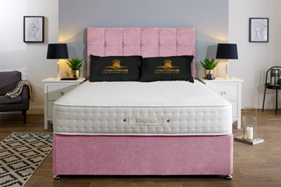 UKBEDFURNITURE Senator Pink Plush  Divan Bed Base With 26 Inch Headboard & 10 Inch Orthopaedic MattressNo Storage from B&Q