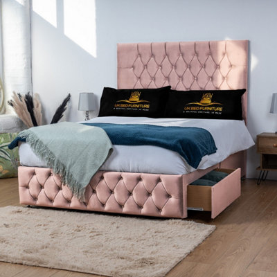 UKBEDFURNITURE Monaco Pink Plush Divan Bed 2 Foot End Drawers With 10 Inch Orthopaedic Mattress & 26 Inch Headboard from B&Q