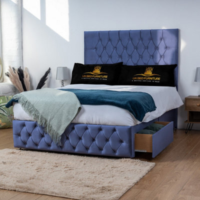 UKBEDFURNITURE Monaco Blue Plush Divan Bed 2 Foot End Drawers With 10 Inch Orthopaedic Mattress & 26 Inch Headboard from B&Q