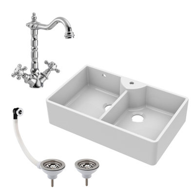 895mm - Double Bowl Fireclay Butler Kitchen Sink - Overflow, Classic Tap  & Wastes