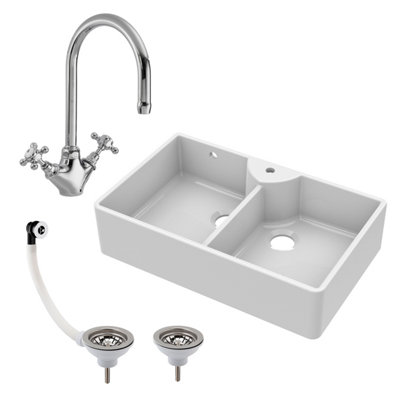 895mm - Double Bowl Fireclay Butler Kitchen Sink - Overflow,  Mixer Tap  & Waste