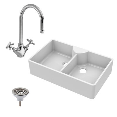 895mm - Double Bowl Fireclay Butler Kitchen Sink -  Stepped Weir, Mixer Tap & Wastes