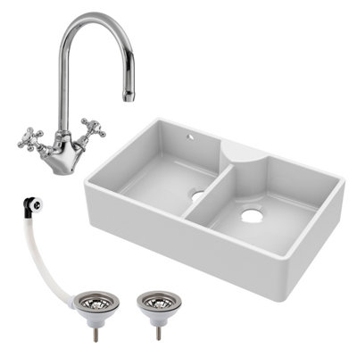 895mm - Double Bowl Fireclay Butler Kitchen Sink - Stepped Weir, Mixer Tap & Wastes