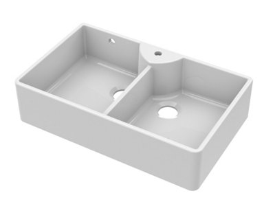 895mm - Fireclay 2 Bowl Stepped Weir Butler Kitchen Sink -  Tap Ledge & Overflow