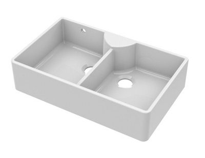 895mm - Fireclay Double Bowl Stepped Weir Butler Sink - with Tap Ledge,  Overflow, No Tap Hole & Tap