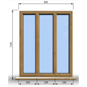 895mm (W) x 1145mm (H) Wooden Stormproof Window - 3 Pane Non-Opening Windows - Toughened Safety Glass