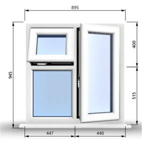 895mm (W) x 945mm (H) PVCu StormProof  - 1 Opening Window (RIGHT) - Top Opening Window (LEFT) - Toughened Safety Glass - White