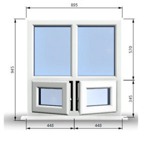 895mm (W) x 945mm (H) PVCu StormProof Casement Window - 2 Bottom Opening Windows - Toughened Safety Glass - White