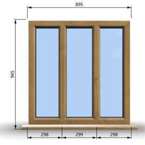 895mm (W) x 945mm (H) Wooden Stormproof Window - 3 Pane Non-Opening Windows - Toughened Safety Glass