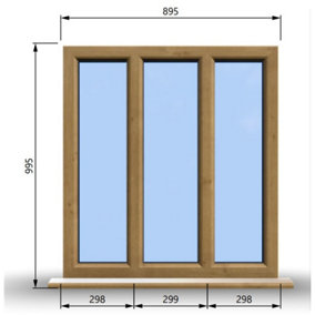 895mm (W) x 995mm (H) Wooden Stormproof Window - 3 Pane Non-Opening Windows - Toughened Safety Glass