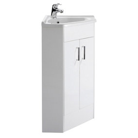 897mm x 590mm - Gloss White Corner Basin Vanity Unit - with Basin