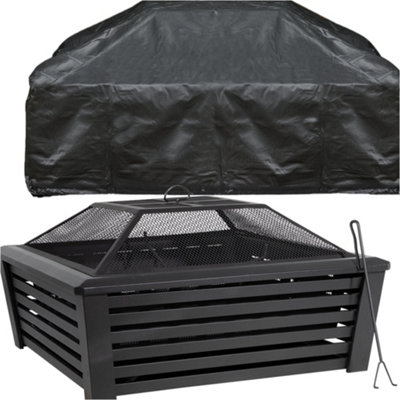 89cm Square Black Fire Pit Wood Burner & Cover Set - Outdoor Garden Mesh Heater