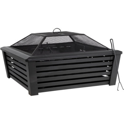 89cm Square Black Fire Pit Wood Burner - Modern Outdoor Garden Mesh Lid Heater