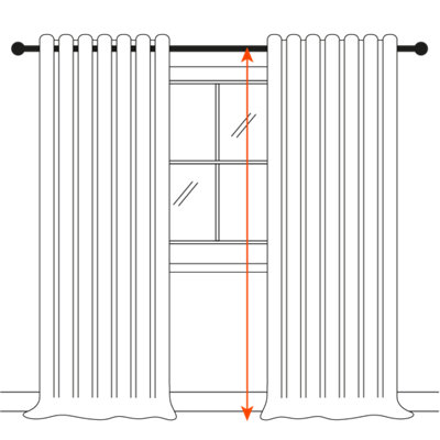 An illustration of puddle curtains with an arrow stretching from the top of the curtain pole to the floor, with the curtains sitting on the floor to create a "puddle effect" with the fabric.