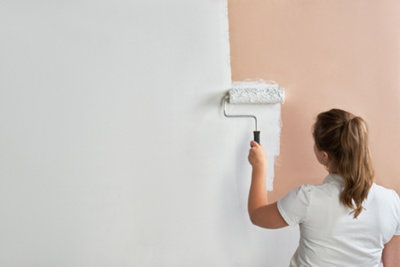 Person using a roller to paint white paint over the top of bare plaster.