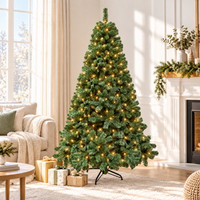 8FT Green Pre-Lit Artificial Christmas Tree with Warm White LED Lights ...