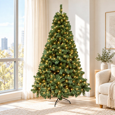 8FT Green Pre-Lit Artificial Christmas Tree with Warm White LED Lights ...