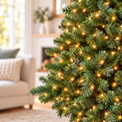8FT Green Pre-Lit Artificial Christmas Tree with Warm White LED Lights ...