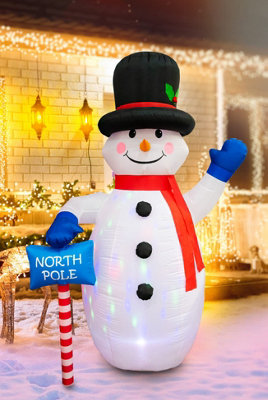 8ft Inflatable Hand Waving Snowman with North Pole Sign Board Pre Lit Mains Powered White LED Lights