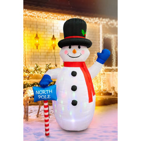 8ft Inflatable Hand Waving Snowman with North Pole Sign Board Pre Lit Mains Powered White LED Lights