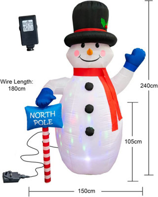 8ft Inflatable Hand Waving Snowman with North Pole Sign Board Pre Lit Mains Powered White LED Lights