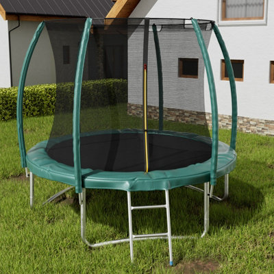 8ft Outdoor Round Trampoline with Safety Net Enclosure and Ladder for Garden in Dark Green