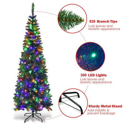 8Ft Pre-Lit Artificial Slim Christmas Pencil Tree Holiday Home Decorations, Pointed Tips, Warm White/Multicolour LEDs