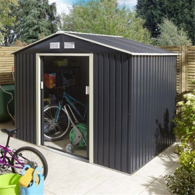 8ft x 6ft - Deluxe Ironwood Metal Apex Shed With Double Doors & Assembly + Foundation Kit - Dark Grey