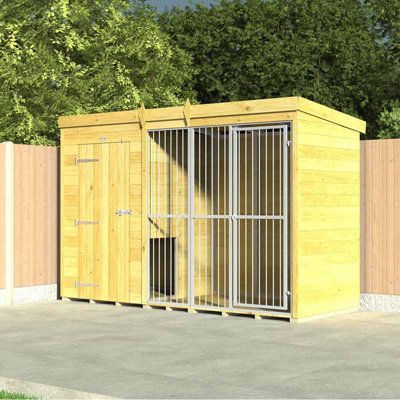 8ft X 6ft Dog Kennel and Run Full Height with Bars - Wood - L 178 x W 243 x H 201 cm